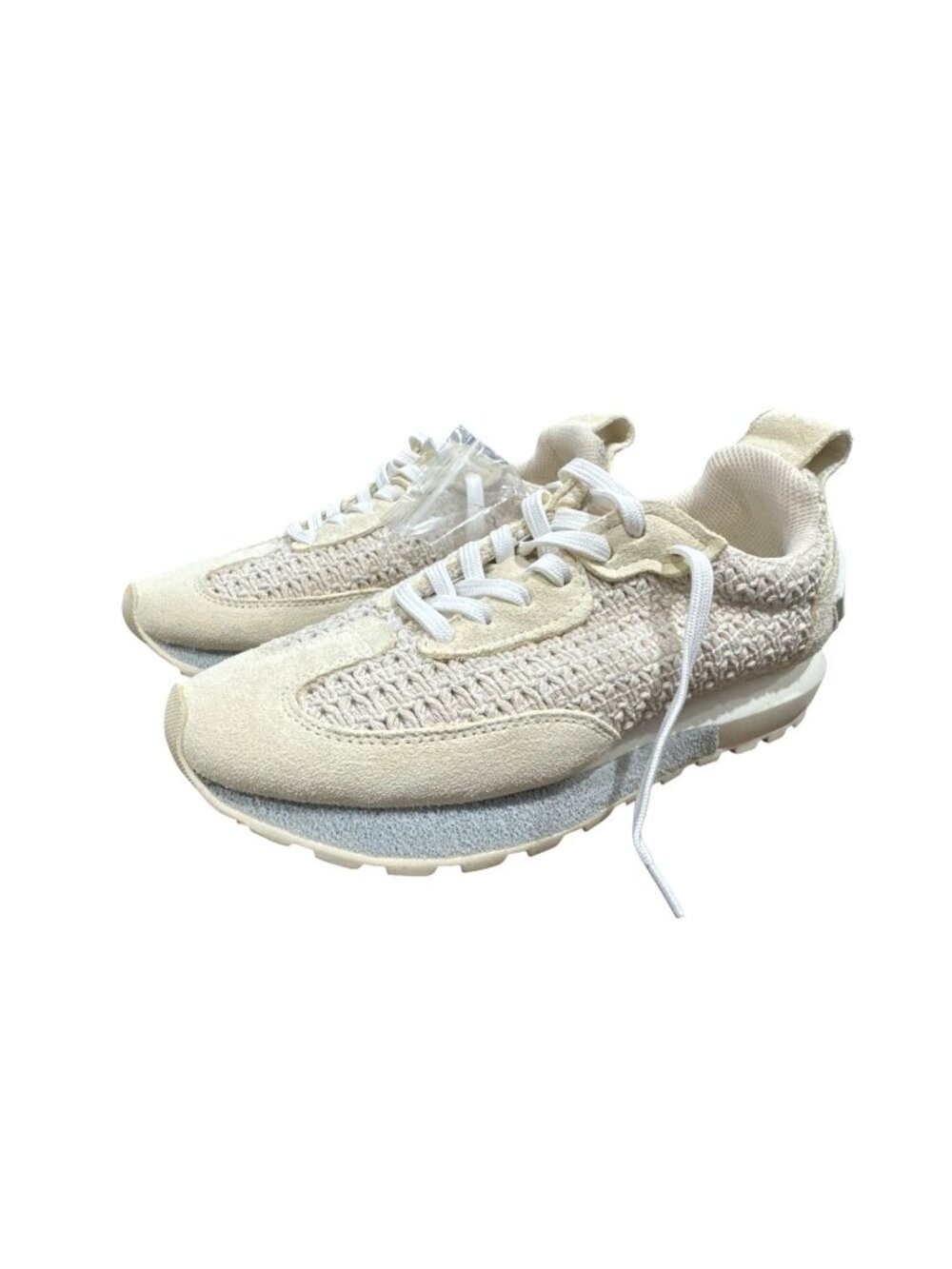Vintage-Style Beige SIZE 6 Athletic Sneakers With Woven Knit Upper & Suede Accen